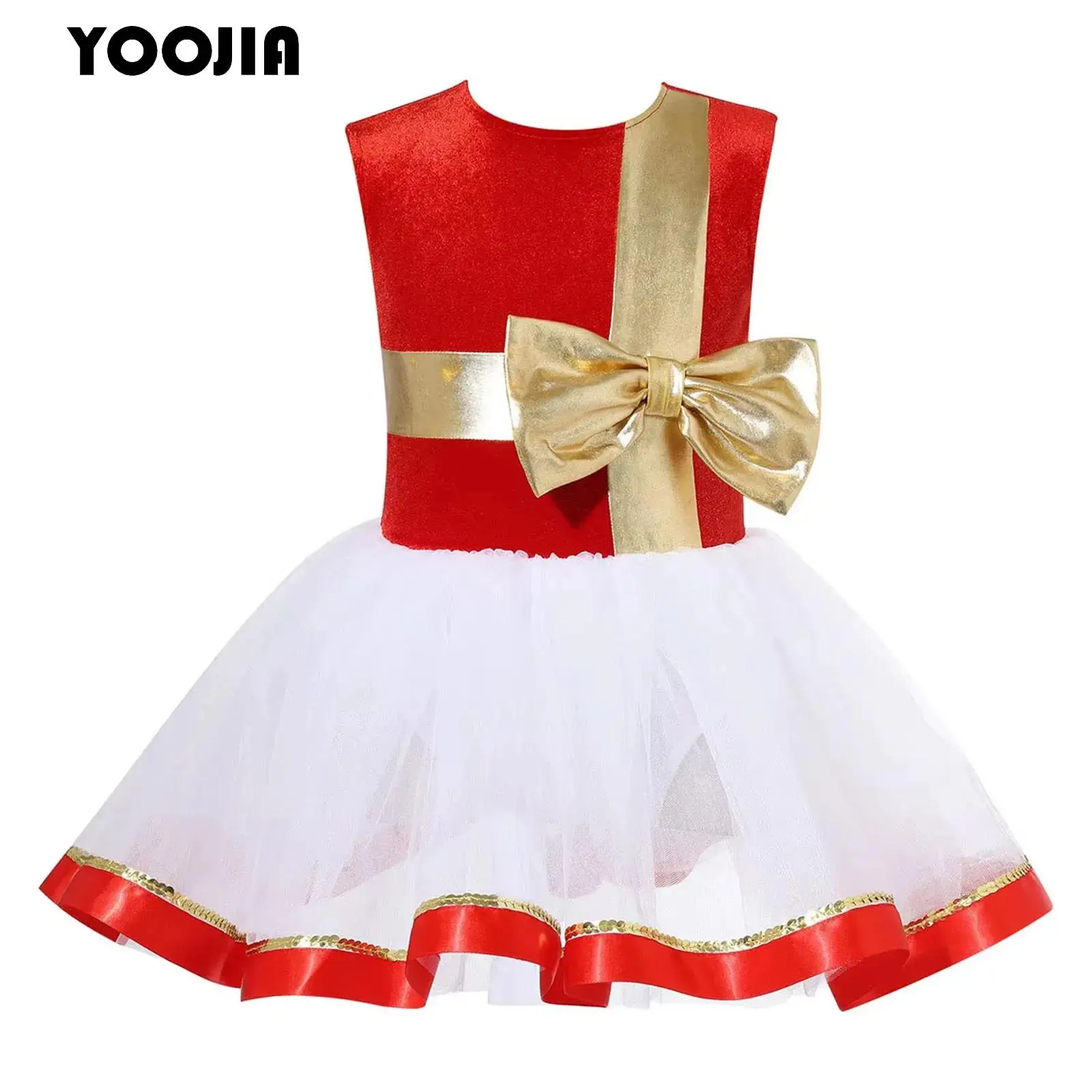 

Kids Girls Christmas Dance Costume Big Bow Halloween Mrs Santa Claus Costume Sleeveless Mesh Tutu Leotard Ballet Dance Dress