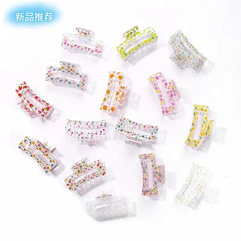 Summer small fresh transparent print fruit floral shark clip plate hair back of the head square grab clip ornament