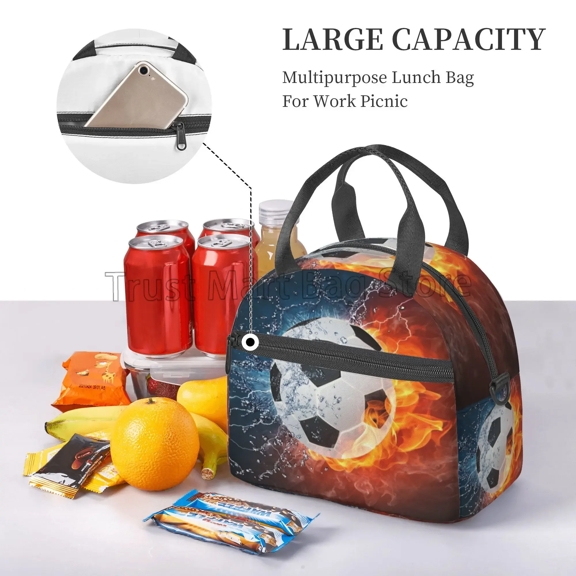 Soccer Ball Thermal Lunch Box Sports Football Insulated Lunch Bag for Boys Girls Adults Reusable Bento Tote with Shoulder Strap