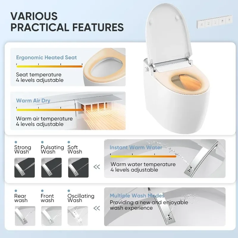 T162A Smart Bidet Toilet, White, Ceramic & Polypropylene, Elongated, Floor Mounted, 90.8 Pounds, Bathroom Fixture