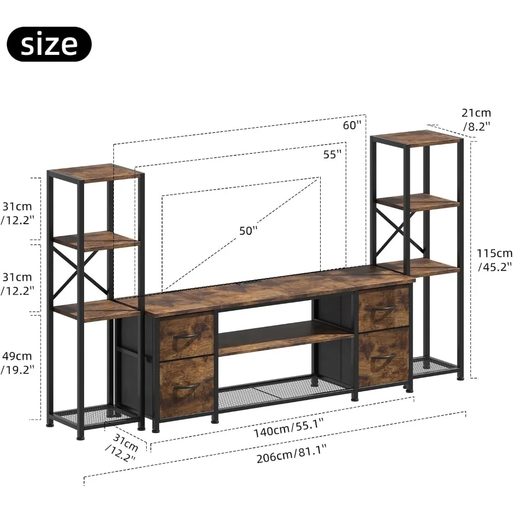 حامل تلفزيون LED حديث مقاس 60 بوصة لغرفة المعيشة مع محطة شحن وأرفف كتب على الطراز الصناعي