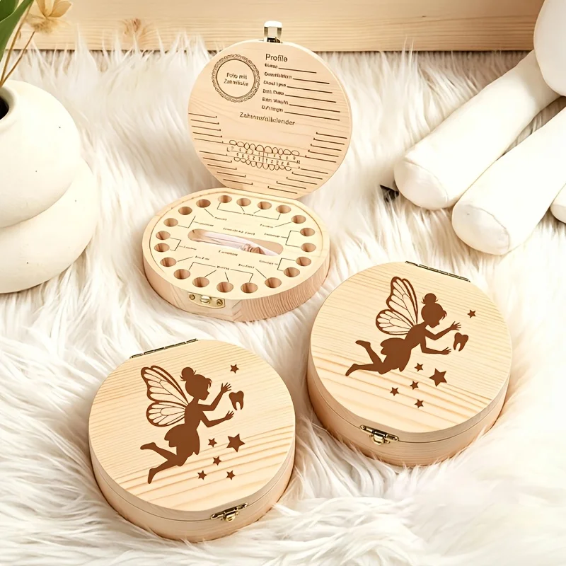 Cute 2D Wooden Tooth Fairy Tooth Pattern Keepsake Box Storage Teeth Fetal Hair Birthday Halloween Christmas Anniversary Gift