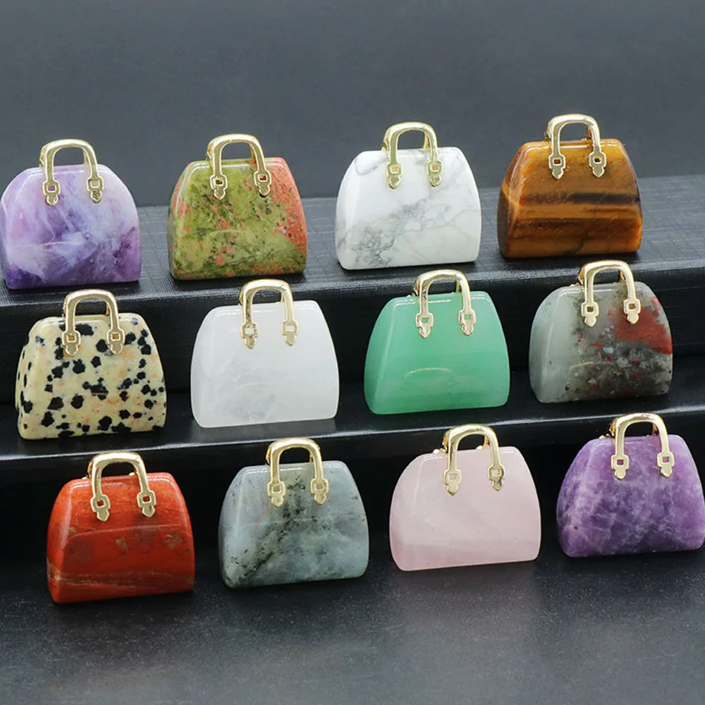 1pc 25x28mm Mini Handbag Shape Pendant Natural Stone Crystal Agate Amethyst Charms for Jewelry Making DIY Necklace Accessories