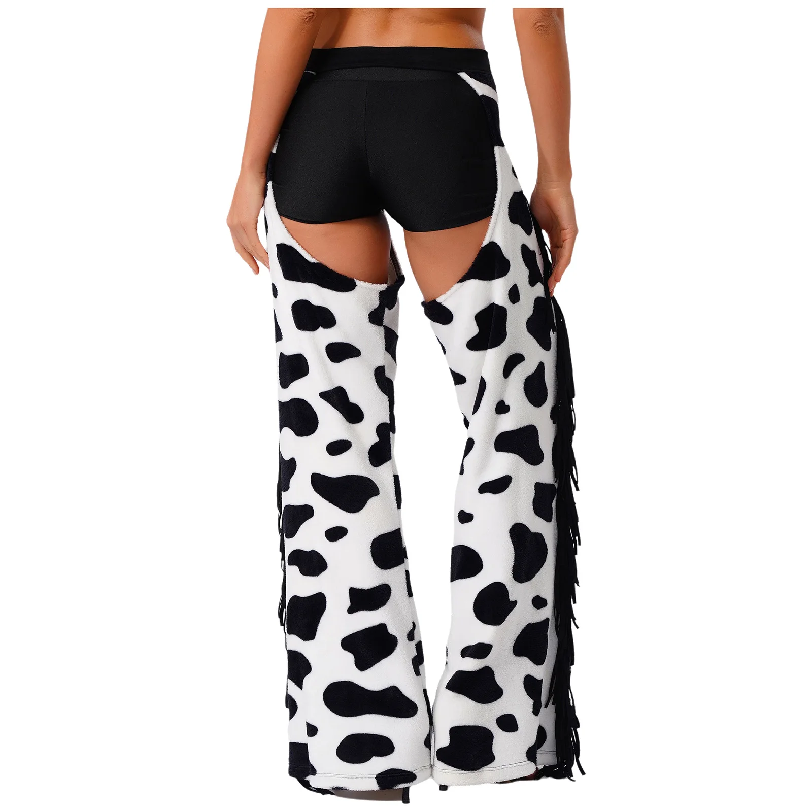Cow Spot Flannel Long Pants Halloween Cowgirl Cosplay Trousers Womens Riding Long Pants with Side Tassels Open Crotch Dress Up