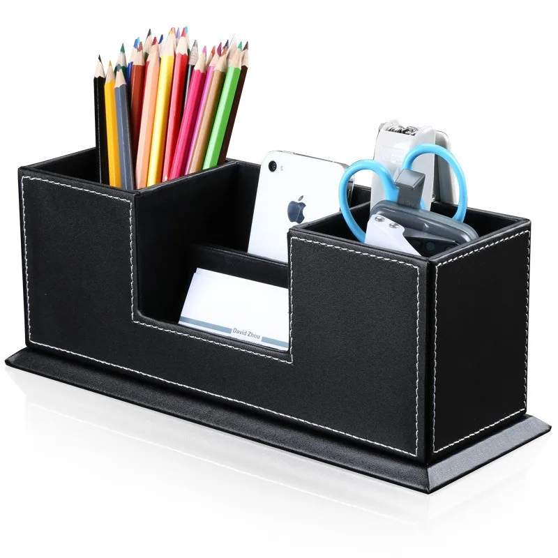 

Business office pen holder Multifunctional leather double pen holder Desktop office supplies storage box