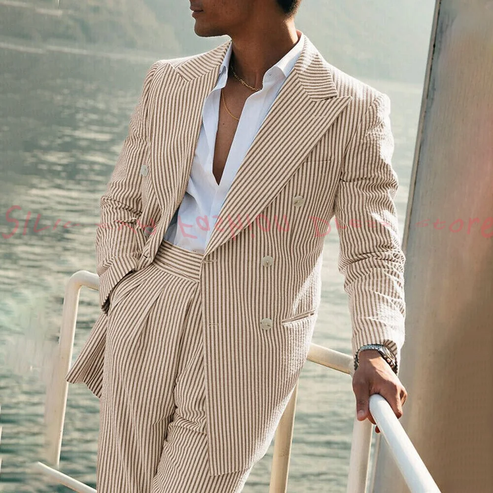 

Новый костюм в полоску, пиджак, брюки, мужской модный деловой свадебный костюм джентльмена, полный профессиональный костюм для интервью, официальный повседневный костюм