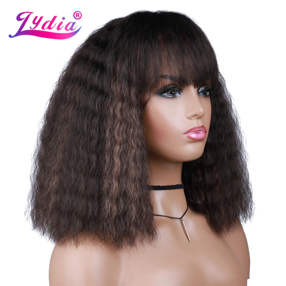 Lydia Middle Synthetic 16 Inch Wigs Kinky Curly Neat Bang Heat Resistant African American With Skin Topper Water Wavy Full Daily