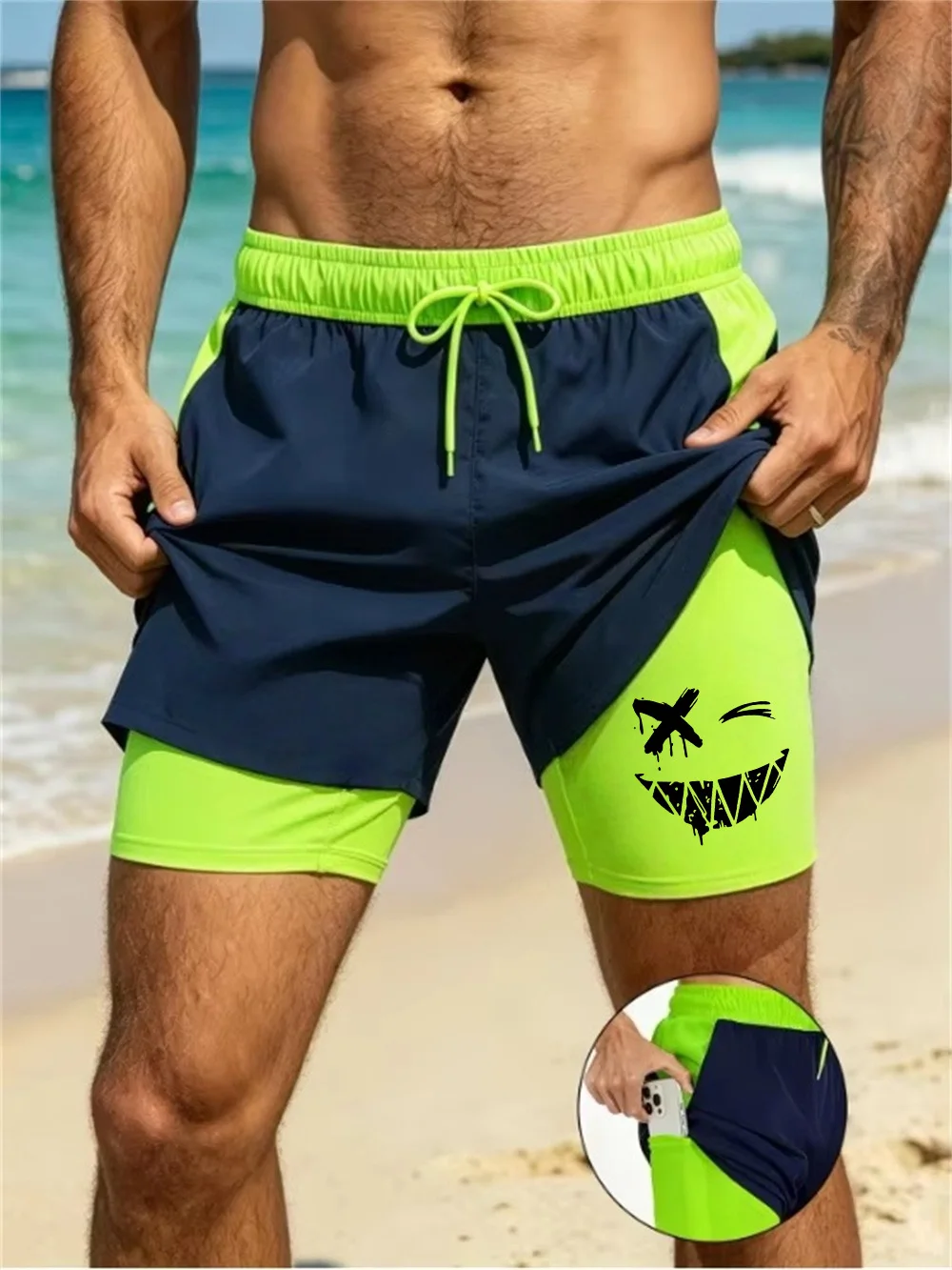 New men's summer double-layer quick-drying compression lining suitable for fitness, sports, surfing, beach shorts drawstring