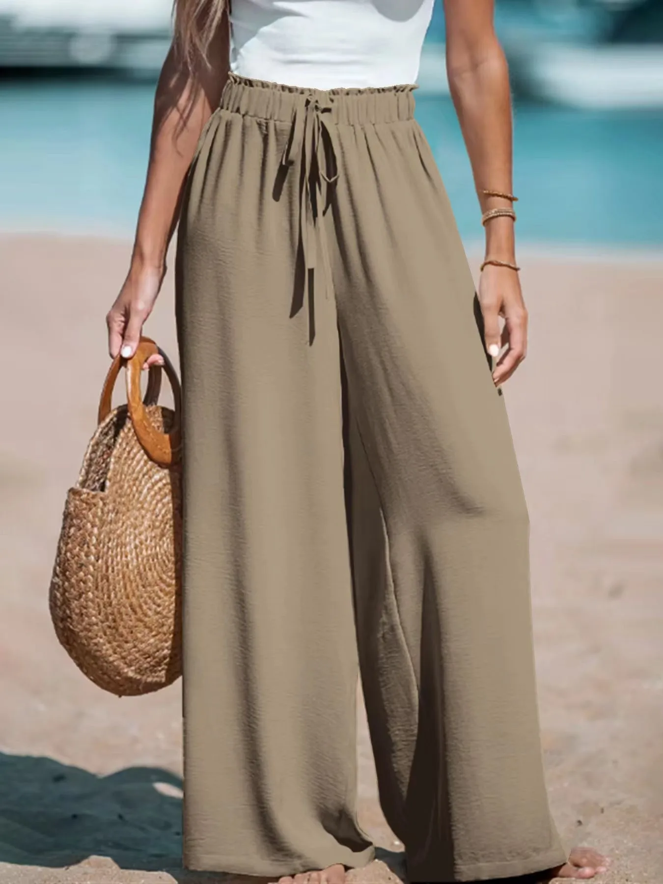 2025 Cross border Women's Four Seasons Wide Leg Loose Drawstring Casual Fashion Pants Commuting Office Beach Comfort Trousers