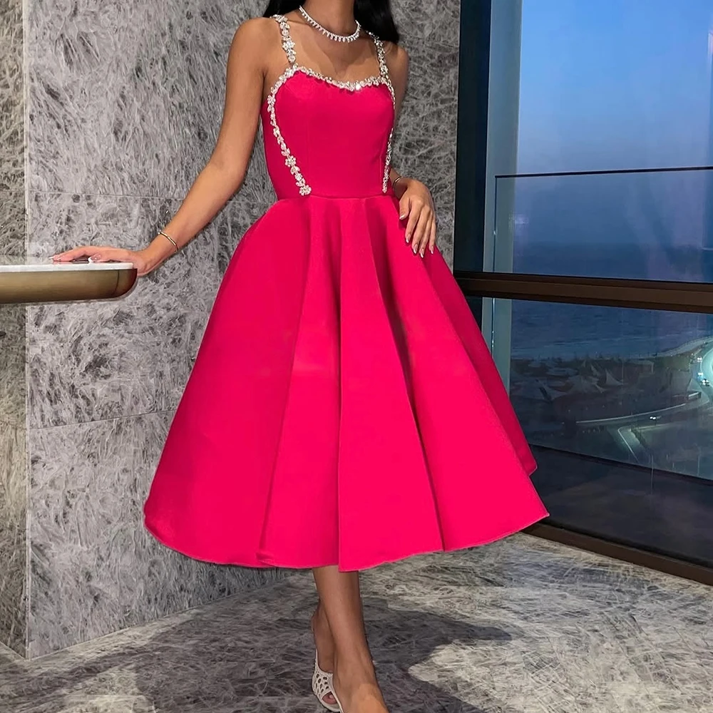 Customized A-line Evening Dresses Tea-length Spaghetti Strap Sleeveless Prom Gown Fashion Crystal Simple Draped Party Gown