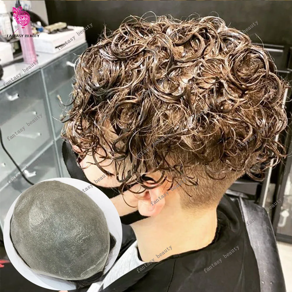 0.02mm Micro Skin 28mm Loose Curly Human Hair Men's Toupee 80%Density Capillary Prosthesis System #22R Blonde #365Grey Hairpiece