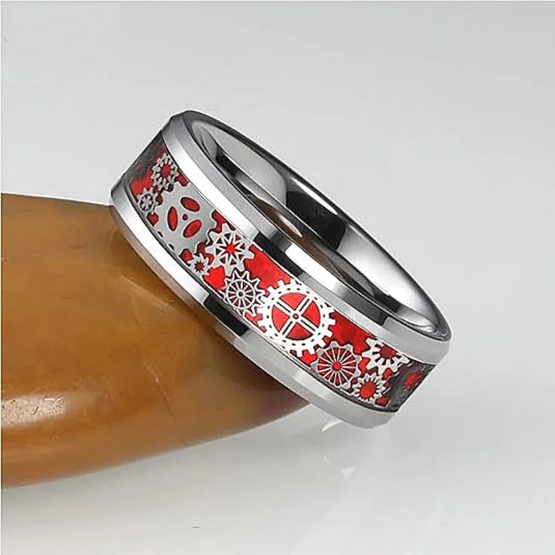silvery base Fashion 8mm red stainless steel ring red carbon fiber steampunk gear glitter beveled edge polishing holiday gift