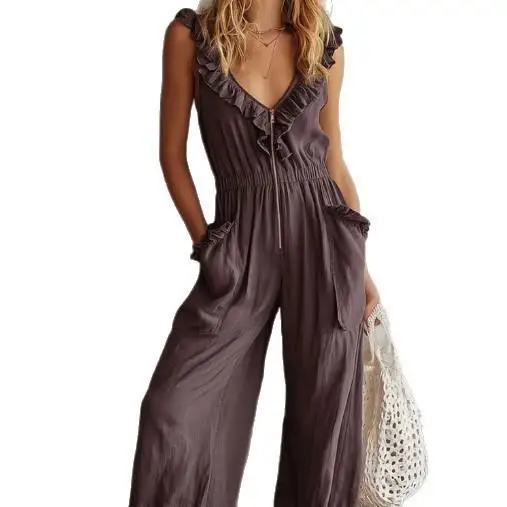 Summer 2026 New Pure Color Retro Fashion Sleeveless Pleated Wide Leg Casual Jumpsuit Low Waist Long Pants Polyester Fabric