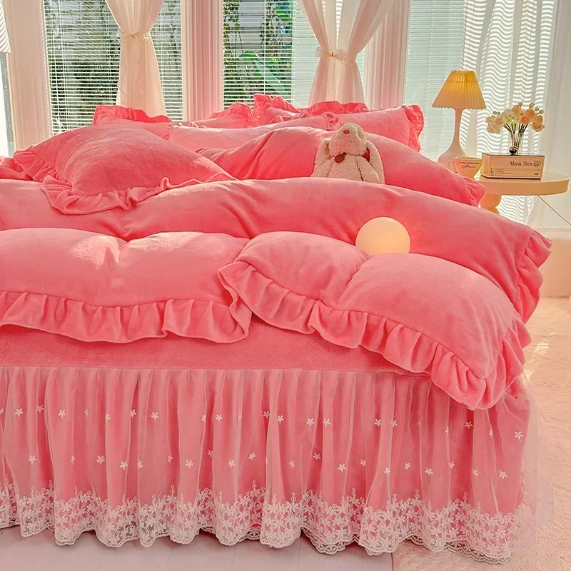 Hot solid color Korean version lace bed skirt kit flannel quilt cover thickened warm four-piece set