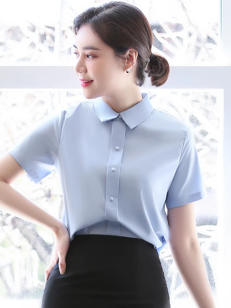 Light Blue Shirt Women Summer Temperament Pullover Formal Short Sleeve Chiffon Blouses Office Ladies Work Tops
