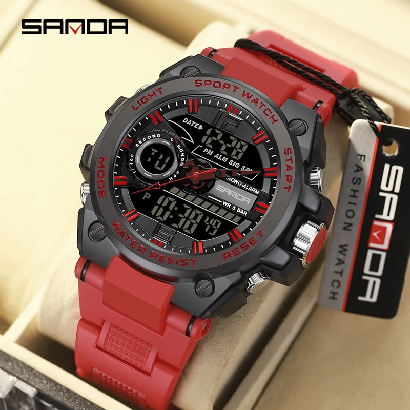 Sanda Trendy Mannen Multifunctionele Dual Display Horloge Hd Led Digitale 50M Waterdichte Militaire Horloges Wekker Timing Reloj 9010