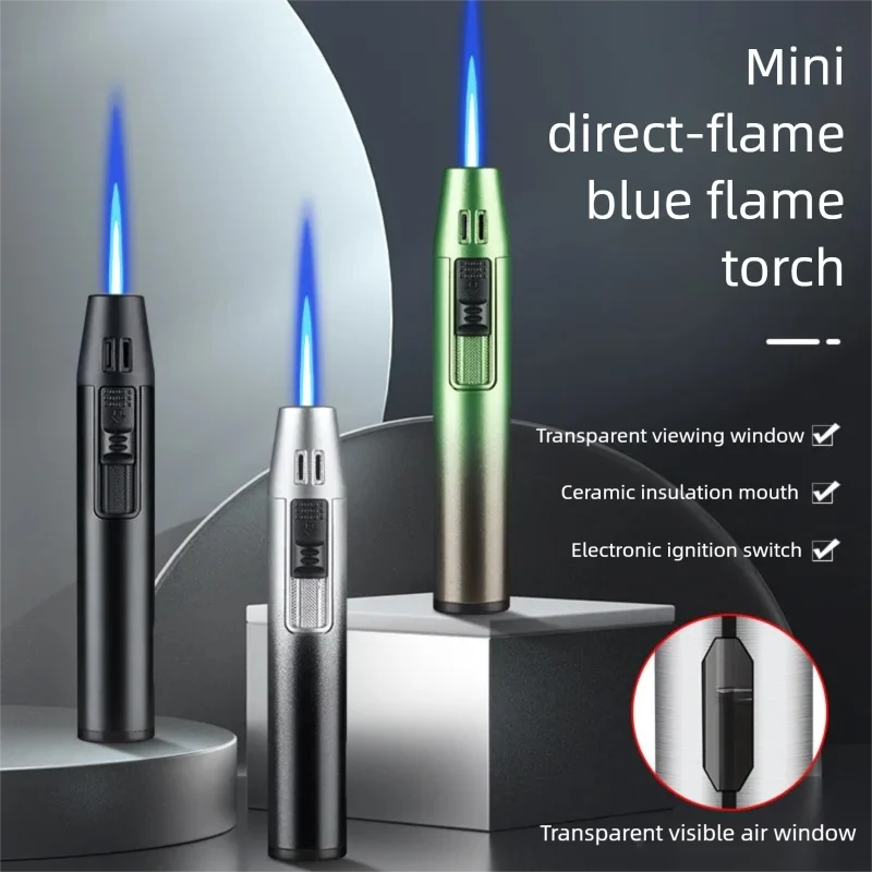 New Pen Metal Lighter Mini Spray Gun Inflatable Windproof Butane Gas Lighter Adjustable Straight Shot Blue Flame Cigarette Tools