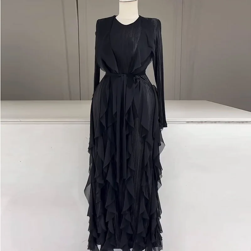 Folds Lace Up Jalabiya Ramadan Morocco Dubai Abayas Kaftan Ruffles Vestidos Arab Long Robe Muslim Abaya for Women Party Dresses