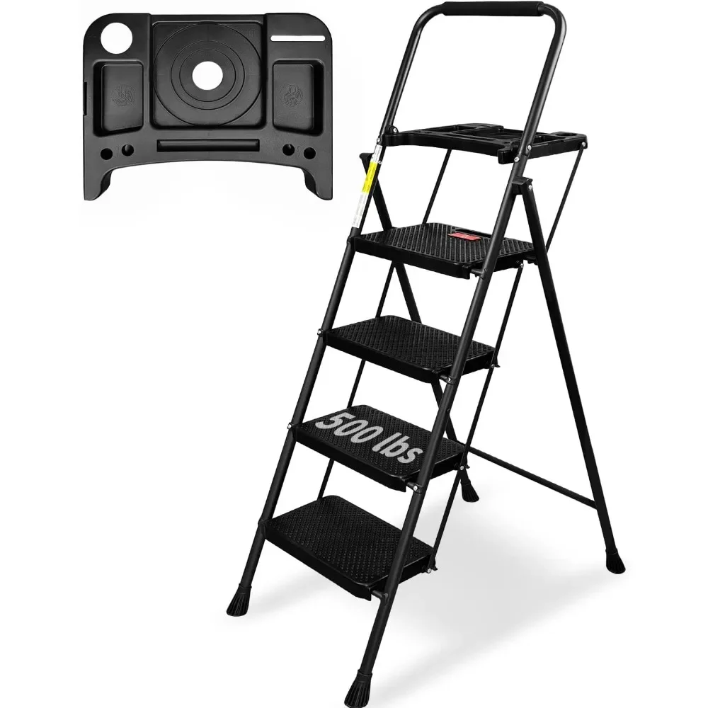 4 Step Ladder, Folding Step Stool with Tool Platform, Wide Anti-Slip Pedal, Lightweight 500lbs Step Ladder for Adults