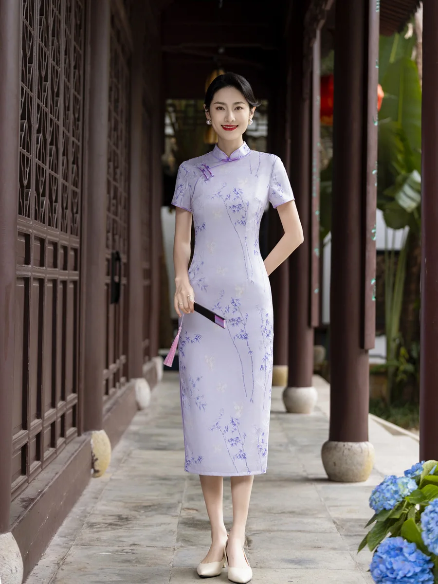 Old Shanghai Qipao Noble Long Style Republican Style Female 2024 New Spring/Summer Daily Bamboo Leaf Picture Qipao