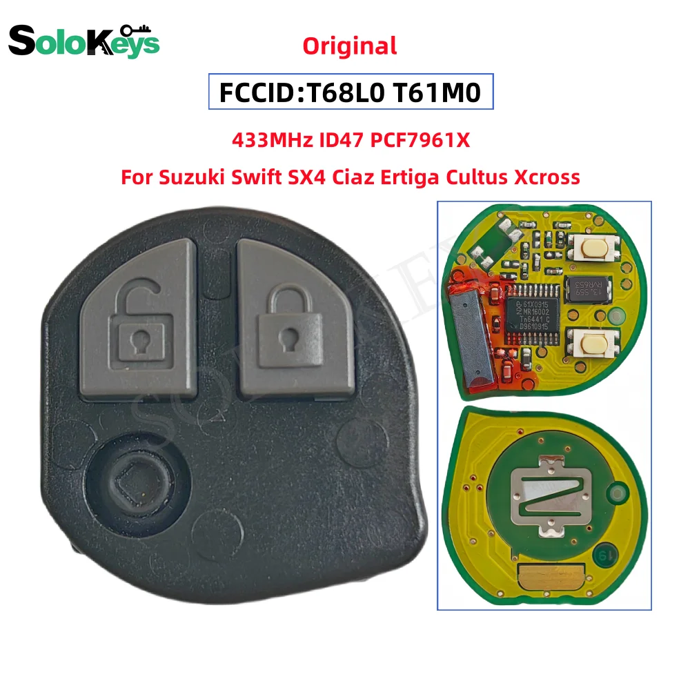 Solokeys fccid: t61m0 t68l0 chave de controle remoto do carro para suzuki swift sx4 ciaz erega cultus xcross 2 botões 433mhz id47 pcf7961x