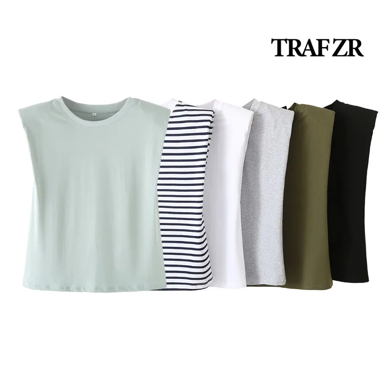 TRAF ZR Sleeveless Women\'s T-shirts Harajuku Solid O-neck Tshirt Shirt 100% Cotton Top Tees Blouse Short Sleeve Tee Tops Female