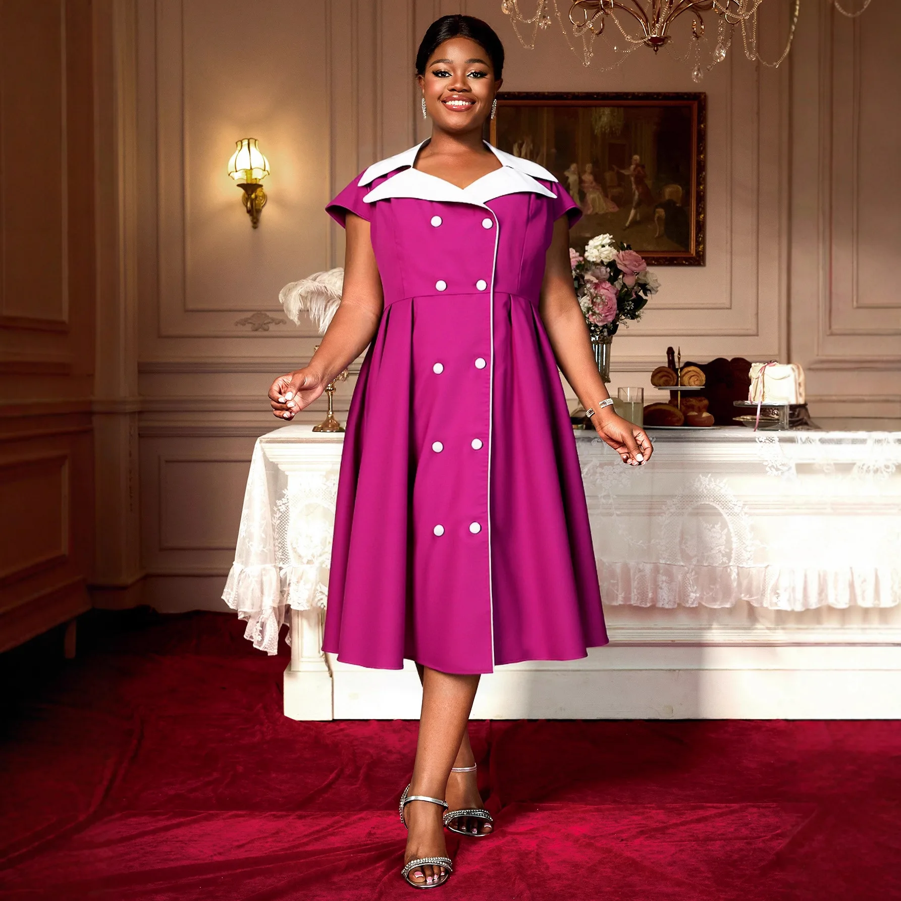 

Plus-size Women's Dress In Rose Red With Contrasting Colors, Featuring A Turn-down Collar, Waist-cinching Design, And Slimming E