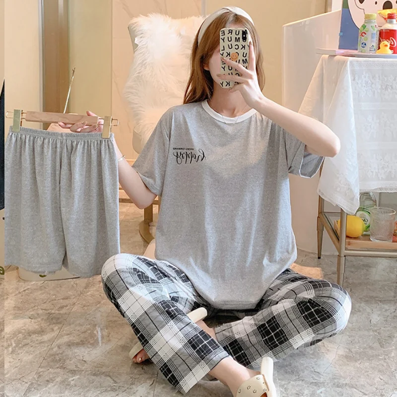 

Summer New Women's Pajama Set, Three Pieces, Letter Print Short Sleeve and Long Pants, Casual Home Wear, Women's Summer Clothing