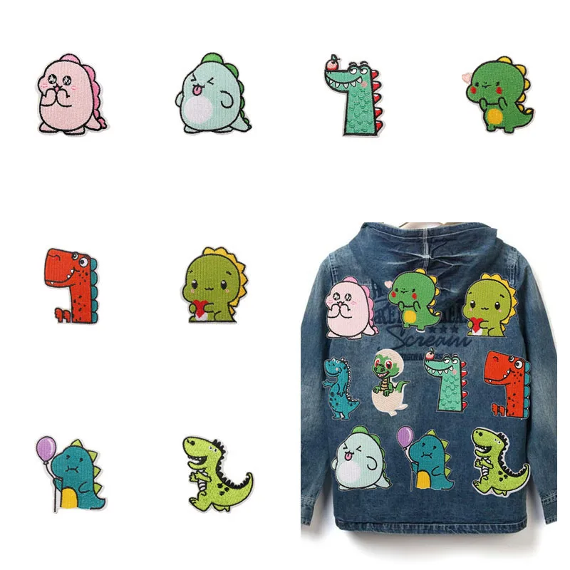 1 pz Patch adesivi dinosauro ferro su toppe per abbigliamento cucito ricamo fusibile Applique distintivo decorazione strisce