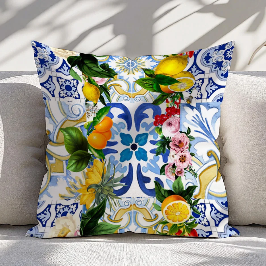 1 Stück Mediterraner Zitrus-Fliesen-Kissenbezug, 2D doppelseitiger Polyester-Kissenbezug, italienischer sizilianischer Deko-Kissenbezug, Geschenk für