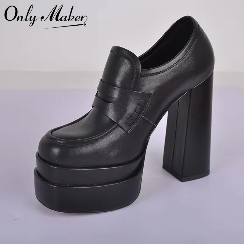 Onlymaker Women Pumps Black Double Platform Fashion Slip On Big Size Punk Shoes