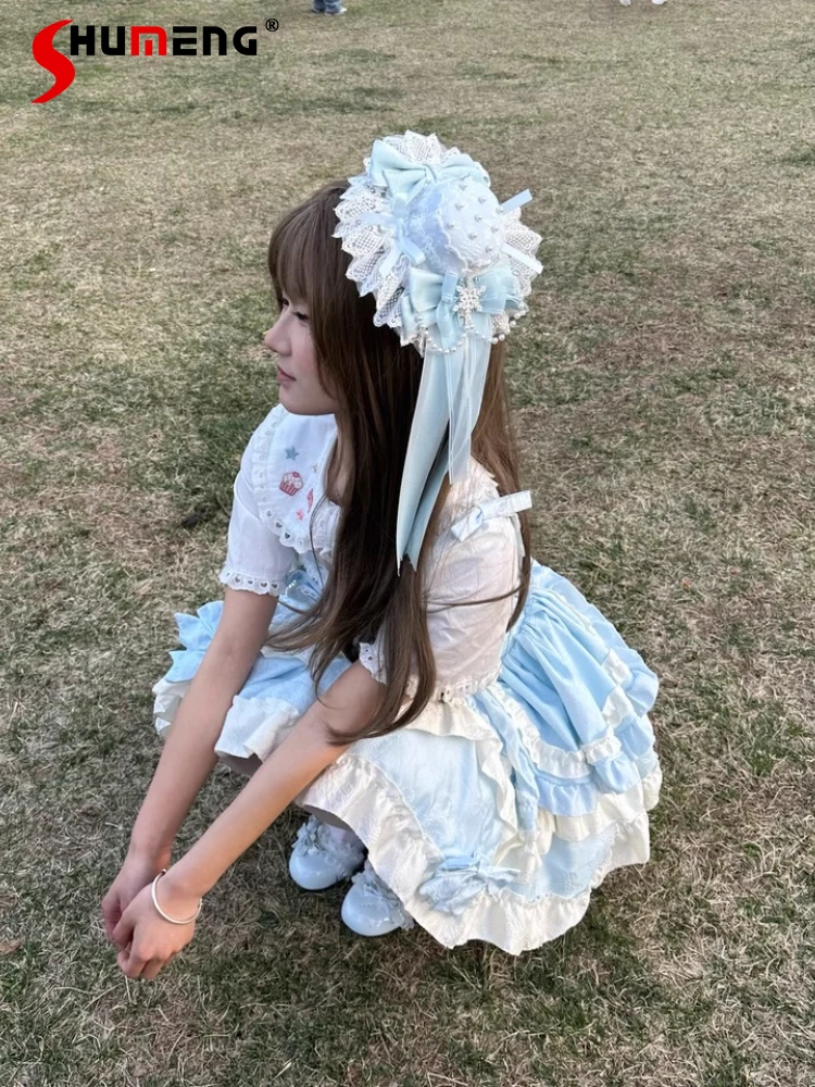 

Elegant Sweet Princess Lolita Hair Accessories Lace BNT Ribbon Bow Heart Diamond Pearl Chain Versatile Headband Women Headwear