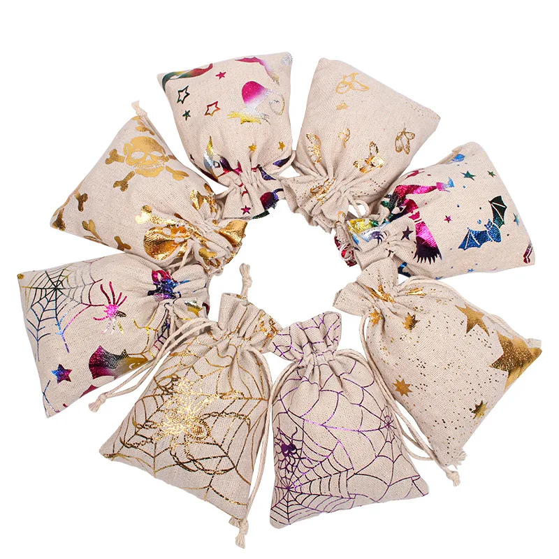 100Pcs/lot Halloween Cotton Drawstring Children's Gift Bags Gold-stamped Spider Web Cat Witch Pouches Candy Packaging Bag