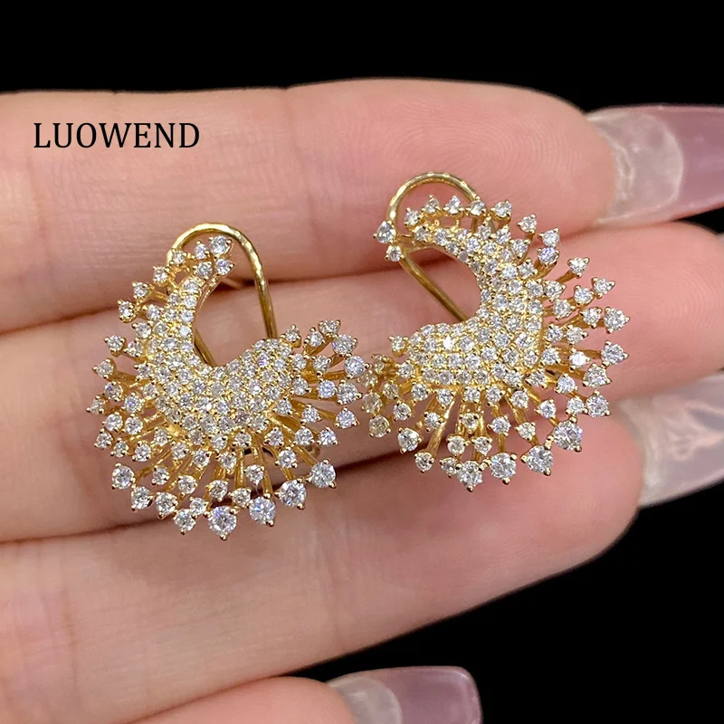 LUOWEND 18K Yellow Gold Earrings Romantic Style 1.49carat Real Natural Diamond Hoop Earrings for Women High Wedding Jewelry