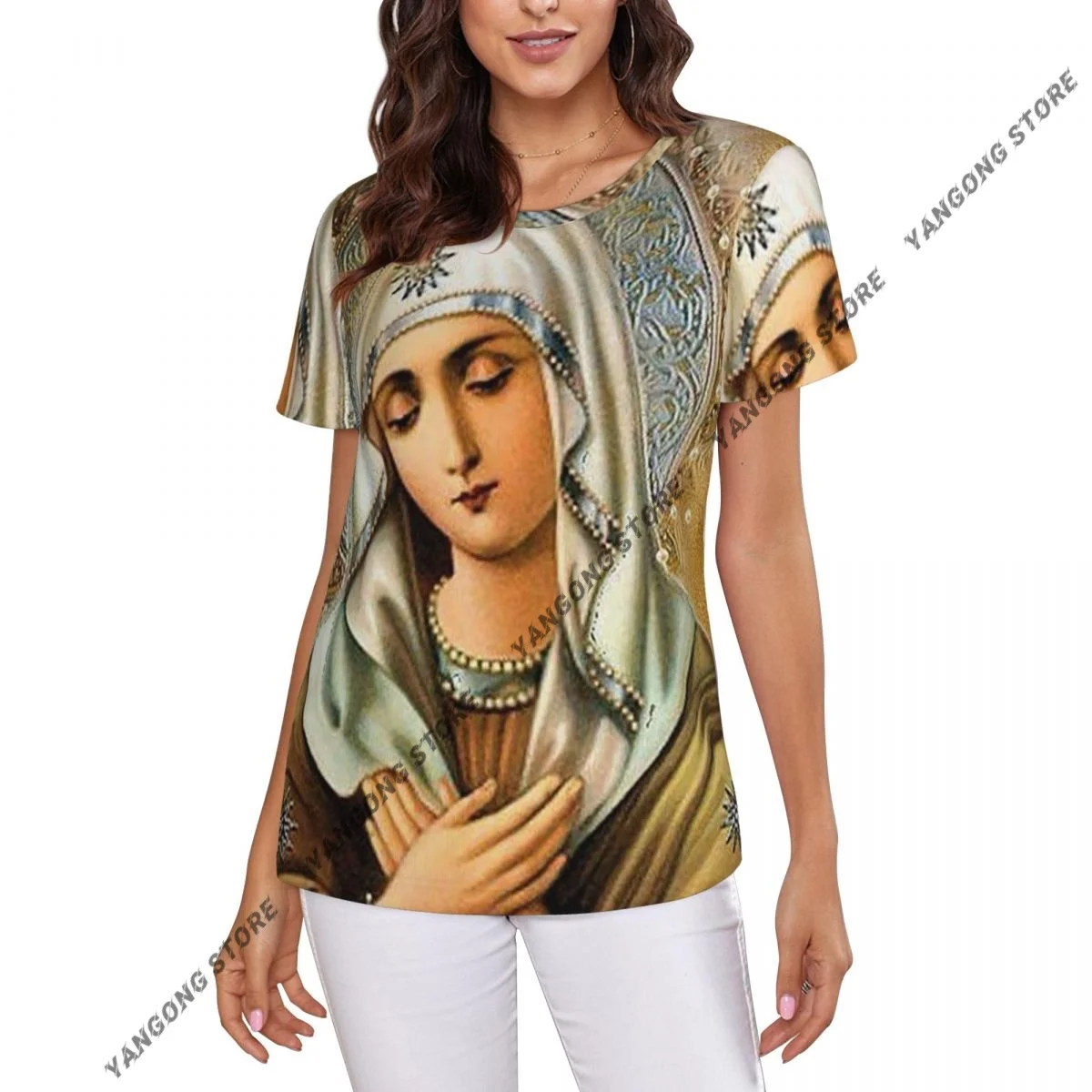 Womens Short Sleeve Guadalupe Virgin Mary Jesus Casual Tee Clothing Crewneck Woman T-Shirts