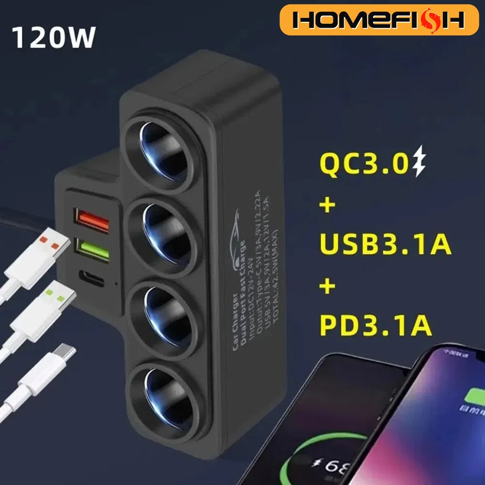 12V/24V Car Cigarette Lighter Adapter New 4-Socket 3.1A Charger Charger USB Car USB+QC3.0+PD3.1A Accessories Port USB 120W