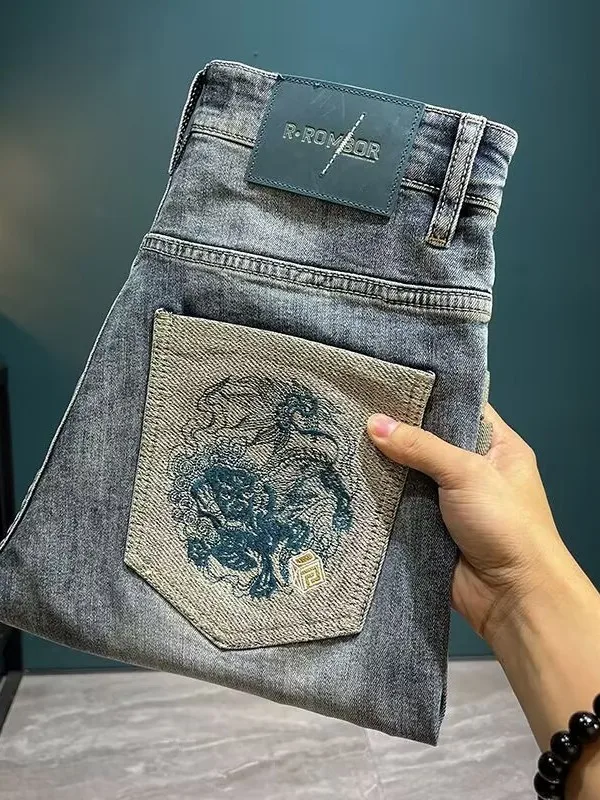 

Летние тонкие джинсы высокого класса с вышивкой, мужские прямые брюки с пятью точками, модные джинсы из 5 предметов, повседневные брюки