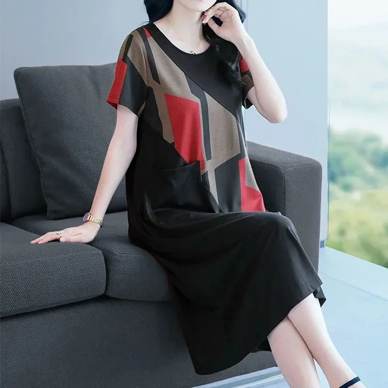 2024 New Summer Elegant Fashion Retro Aesthetic Loose Chinese Style Women's Clothing Sweat Office Lady O Neck Pockets Dresses