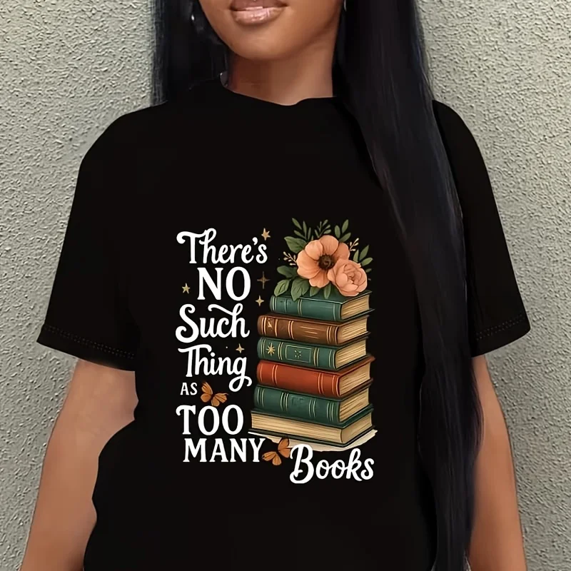 Library Love - Vintage Book Stack Illustration with Flower Sprouts and Literary Slogan Women's Plus Size T-Shirt 100% Cotton 220g