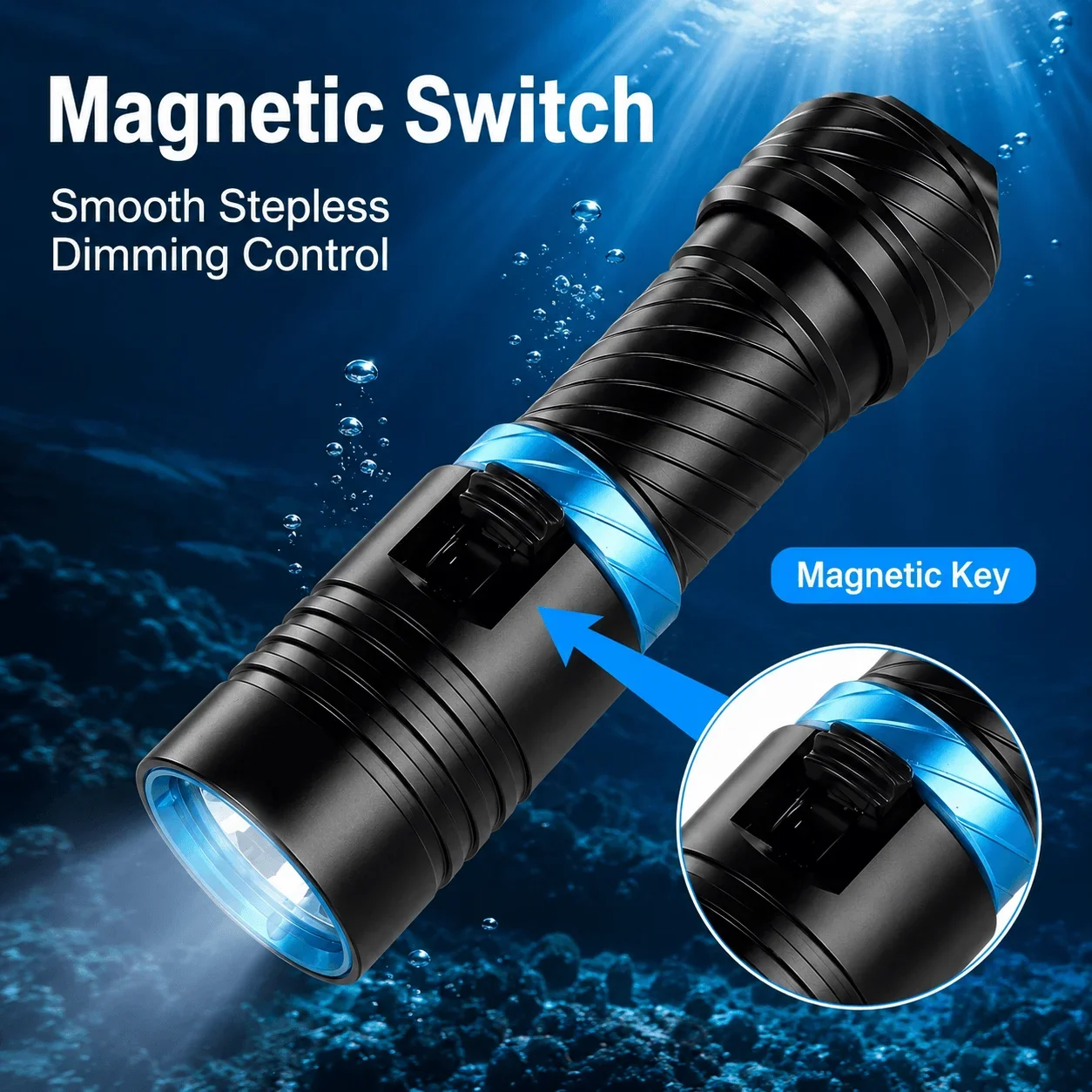 Scuba Diving Flashlights Super Bright 2000LM 26650 Battery Dive Torch High Power IP68 Waterproof LED Lights with Magnetic Switch