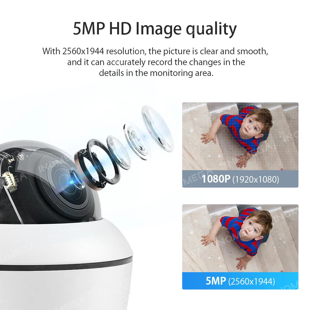 2.5Inch 5X Zoom CamHi Pro APP 5MP 1944P Outdoor Water-proof PTZ IP Dome Camera Metal Case Home Security CCTV Monitor