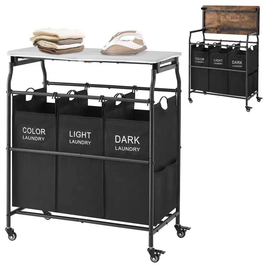 

Трехсекционная тележка-органайзер для белья с гладильной доской, корзина для белья с полкой и колесиками, сверхпрочная корзина для хранения белья