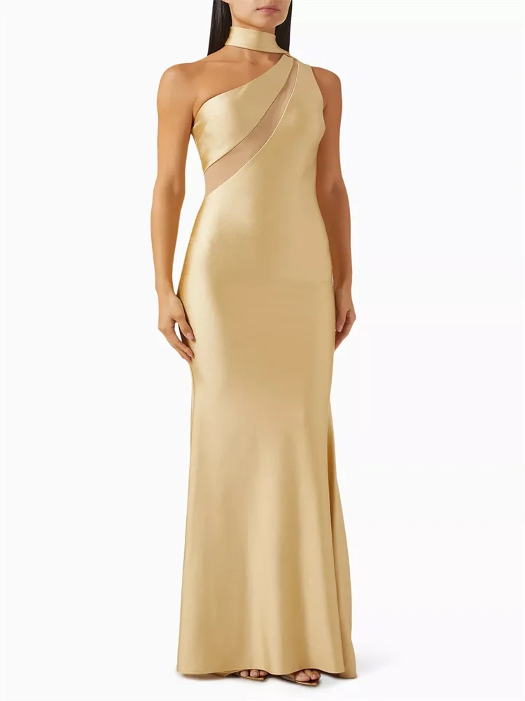 

Customized Unique Golden Scarf For Formal Occasion Evening Dress Sleeveless Halter Neck Scarf Neck Slim Fishtail Elegant Dress
