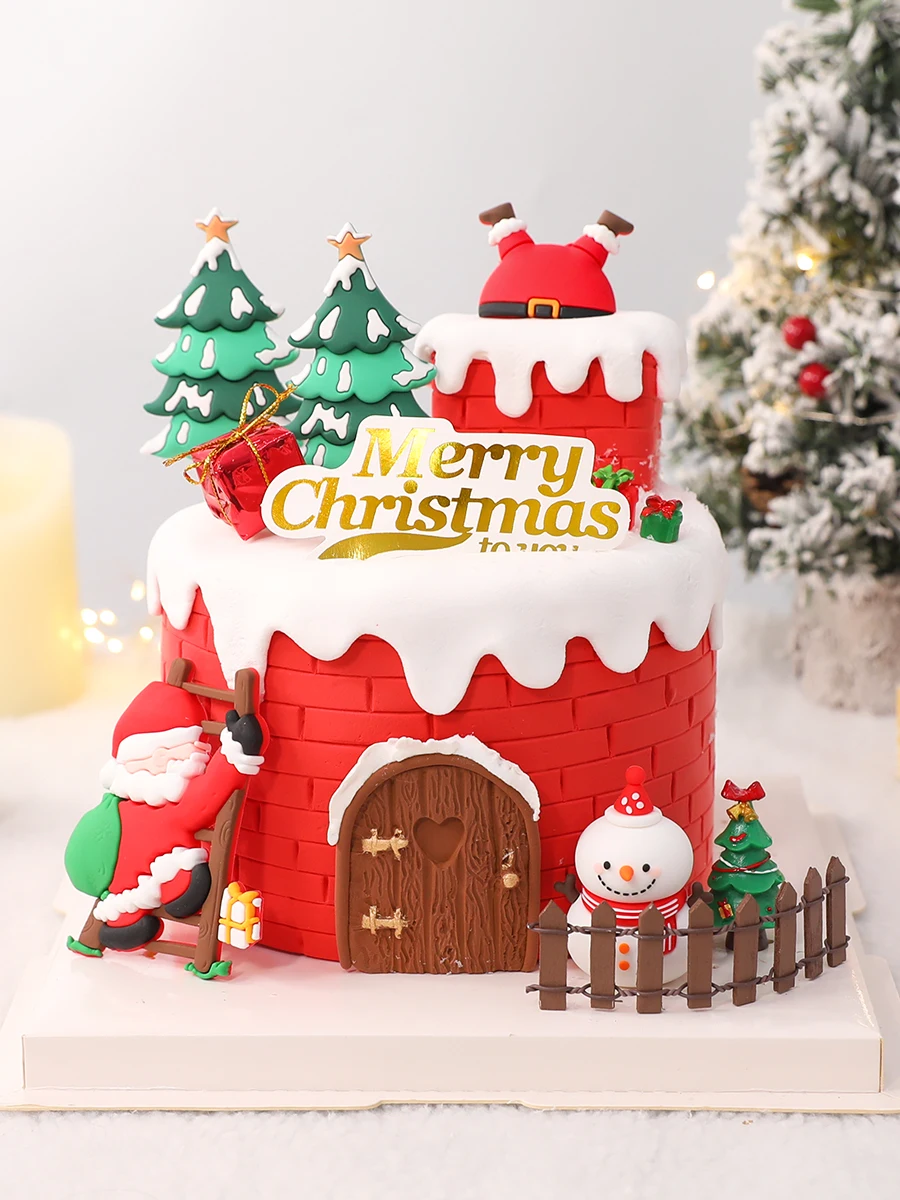 Christmas Baked Cake Decoration Spoof Soft Rubber Climbing Stairs Santa Claus Cake Topper Insert Happy Holiday Dessert Insert