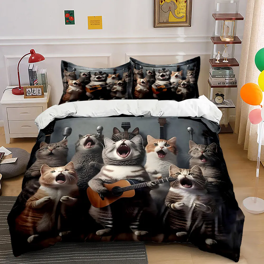 Enthusiastic Cat Band Singing Print Bedding Set 1 Duvet Cover 2 Pillowcases for Adult and Children Luxury Gift Full Size