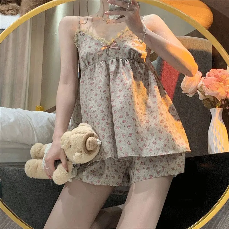 Lace camisole pajamas women's models with corset sweet princess shorts set summer V-neck pajamas homewear women's ins style