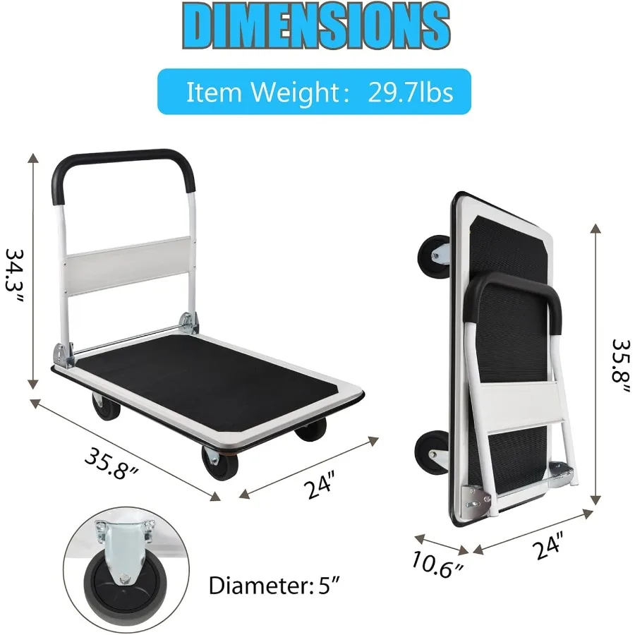 شاحنة منصة كبيرة الحجم بسعة 880 رطل للتخزين عالي التحمل والنقل بتصميم قابل للطي مع خافت 35.8 × 24 × 34.3 بوصة