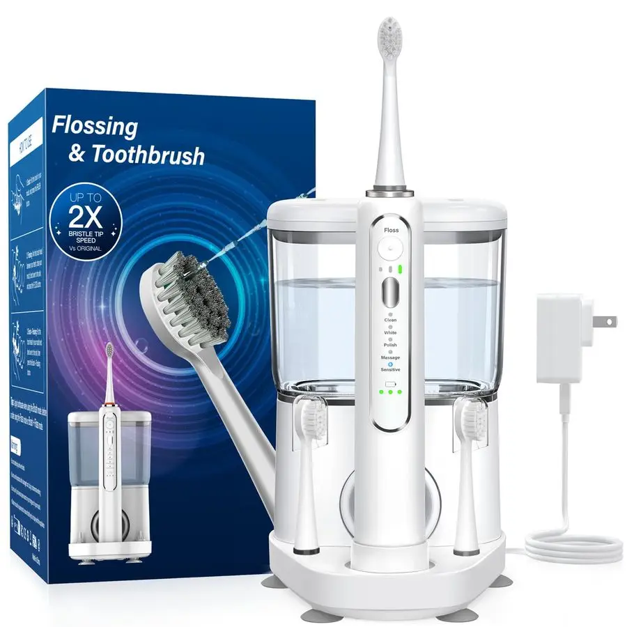 

Toothbrush with Water Flosser Wireless Charging 3 in 1 Flossing Toothbrush 500ML Professional Cordless Brush and Flosser in One