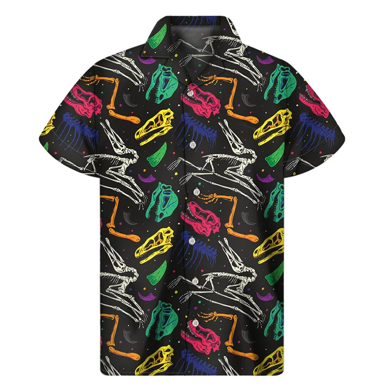 Dinossauro dos desenhos animados 3D dos homens estampado camisas havaianas, blusa casual solta, manga curta, lapela, streetwear, tendência, moda verão