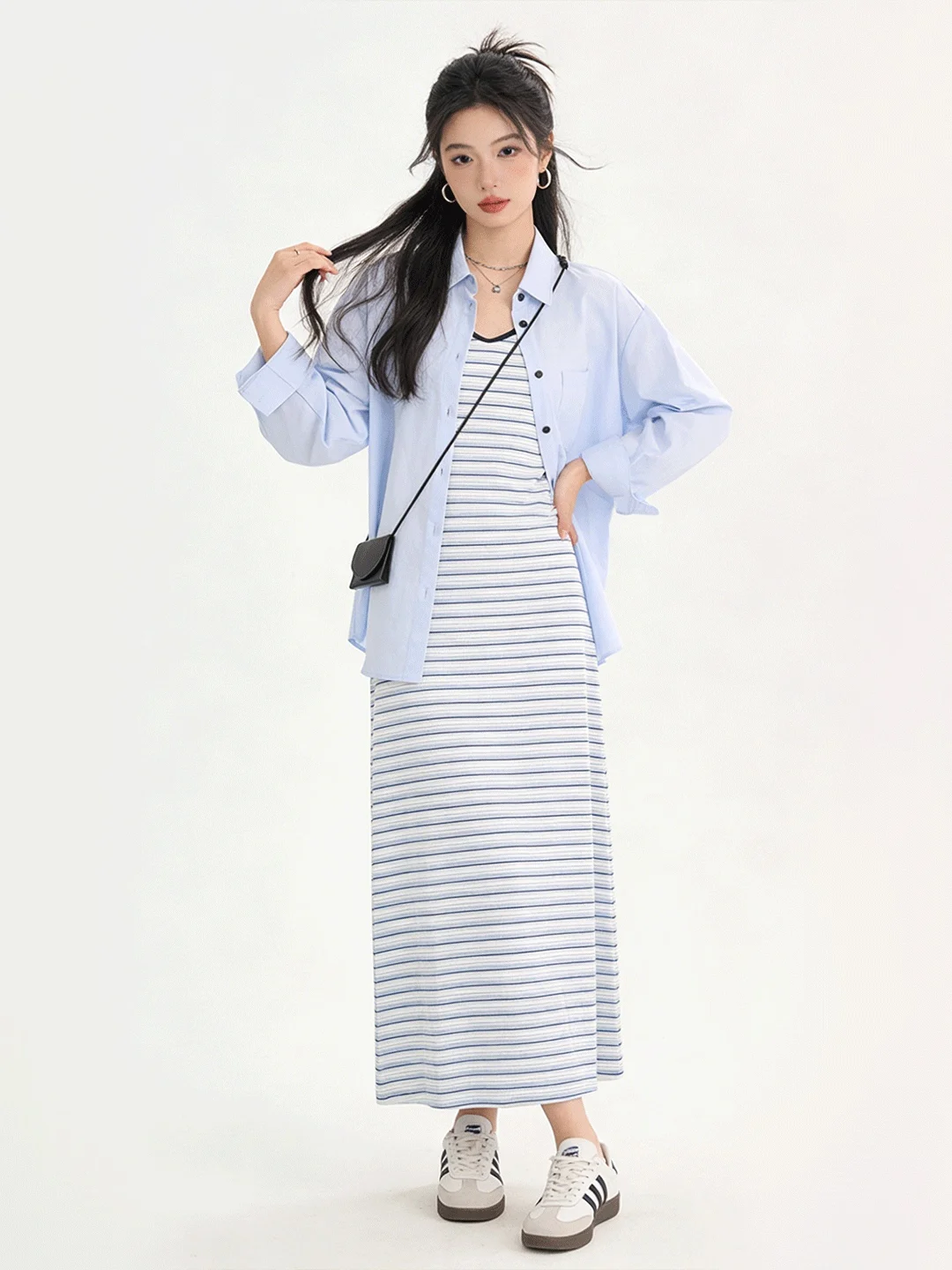 

Blue Striped irt Dr Set Early Spring New Sle Simple Design Long Skirt Korean Sle Faionable Outfit Women's Ensemble